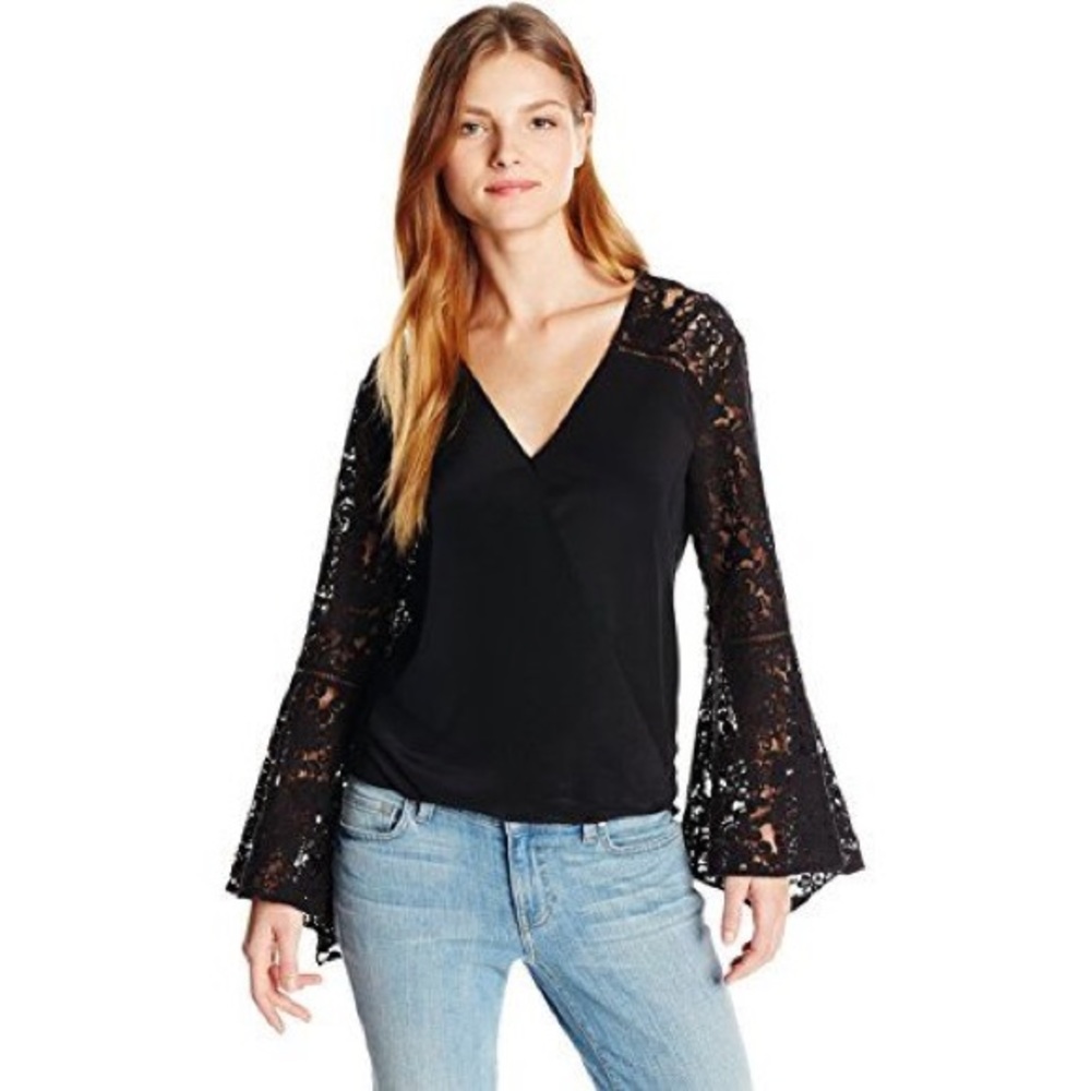 EUC Bailey 44 “Stevie” black silk & lace bell sleeve surplice top bubble hem